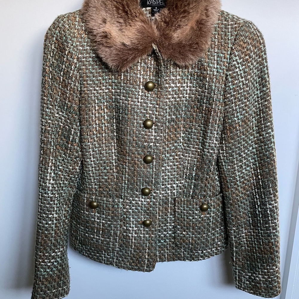 Kasper Women's Textured Tweed Blazer with Faux Fur Collar - Brown and Cream